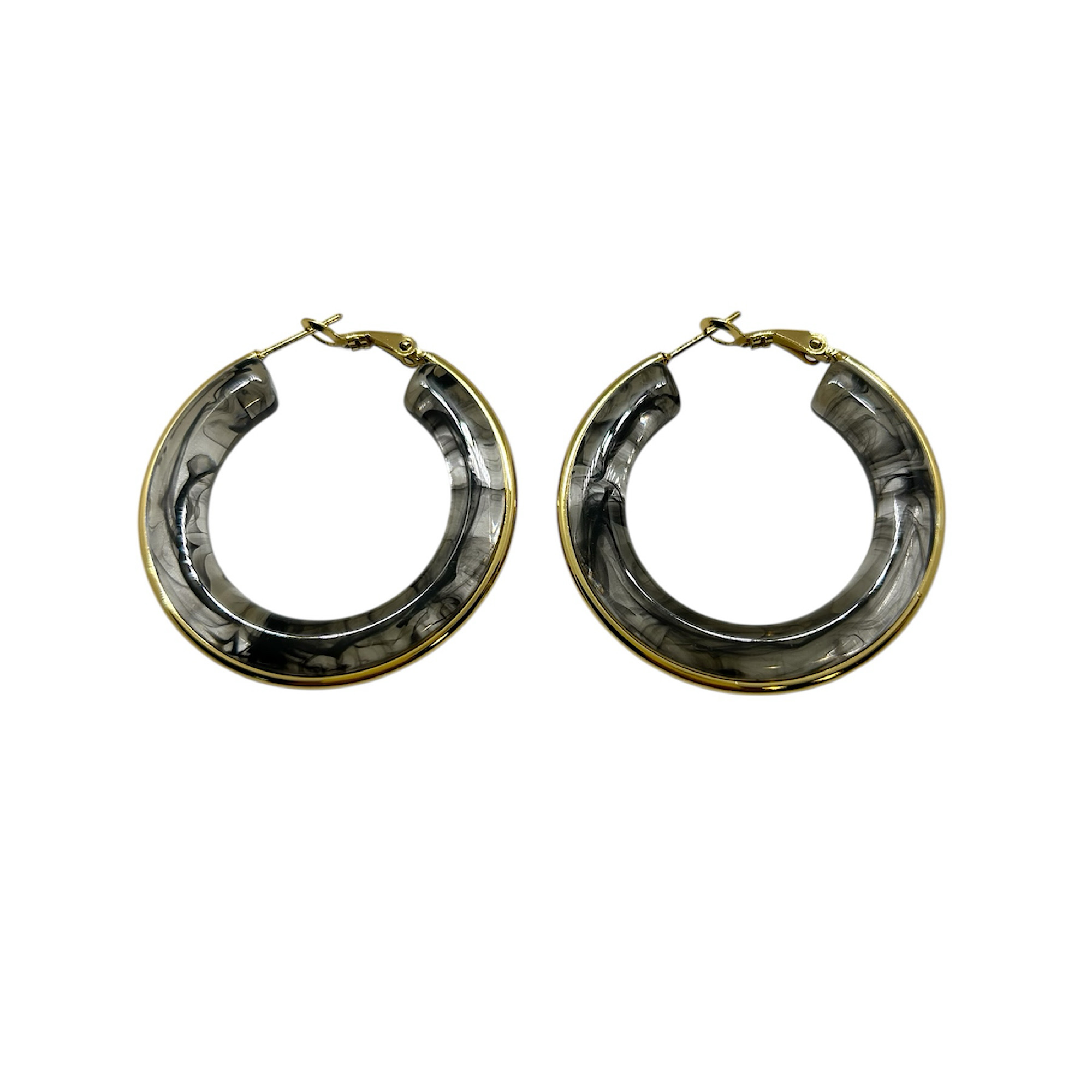 Steel hoop earrings with gold trim and grey plexiglass inside.